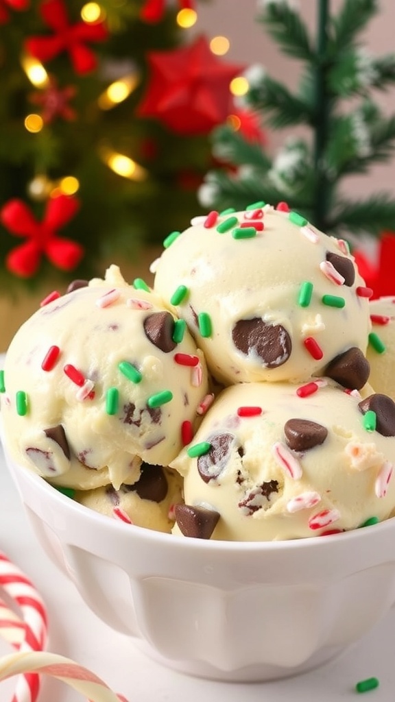 A bowl of peppermint chocolate chip ice cream with sprinkles, surrounded by holiday decorations.
